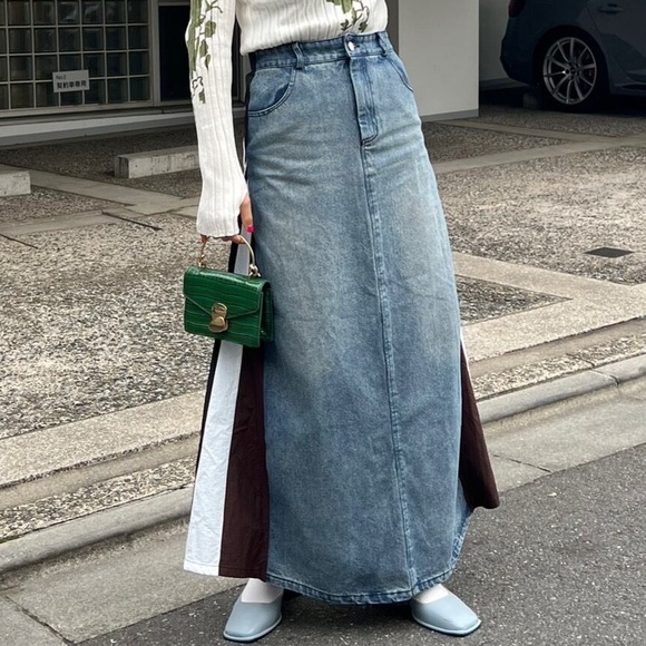 Denim Paneled Maxi Skirt - Picture 1 of 7